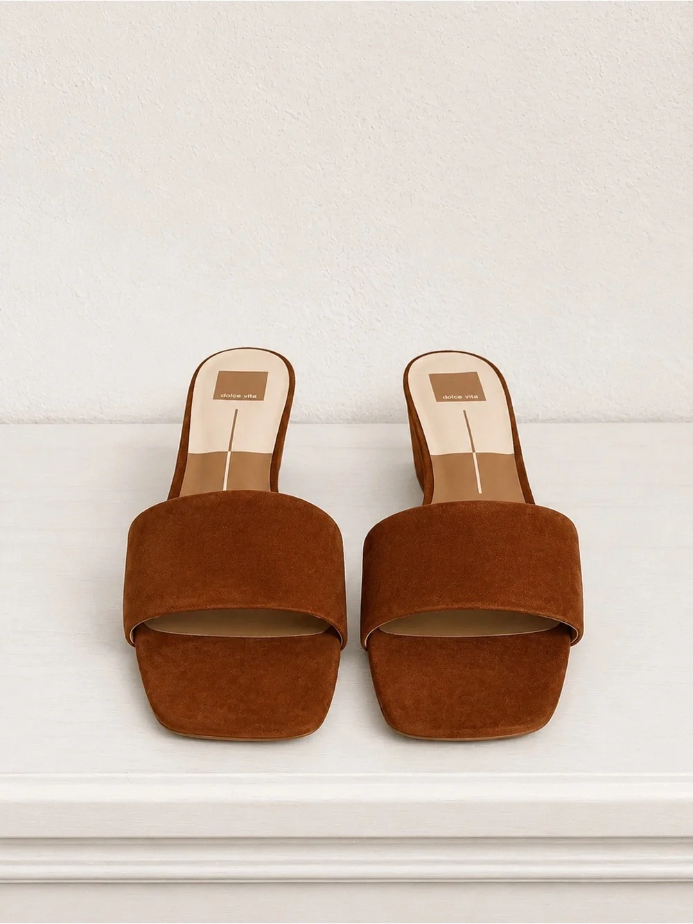 Dolce Vita Cognac Suede Qaily Wide Wedge Slide Slip On Square Toe Sandals